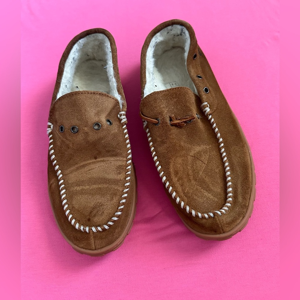 Men's Brown Suede Moccasin Slippers with Sherpa Lining